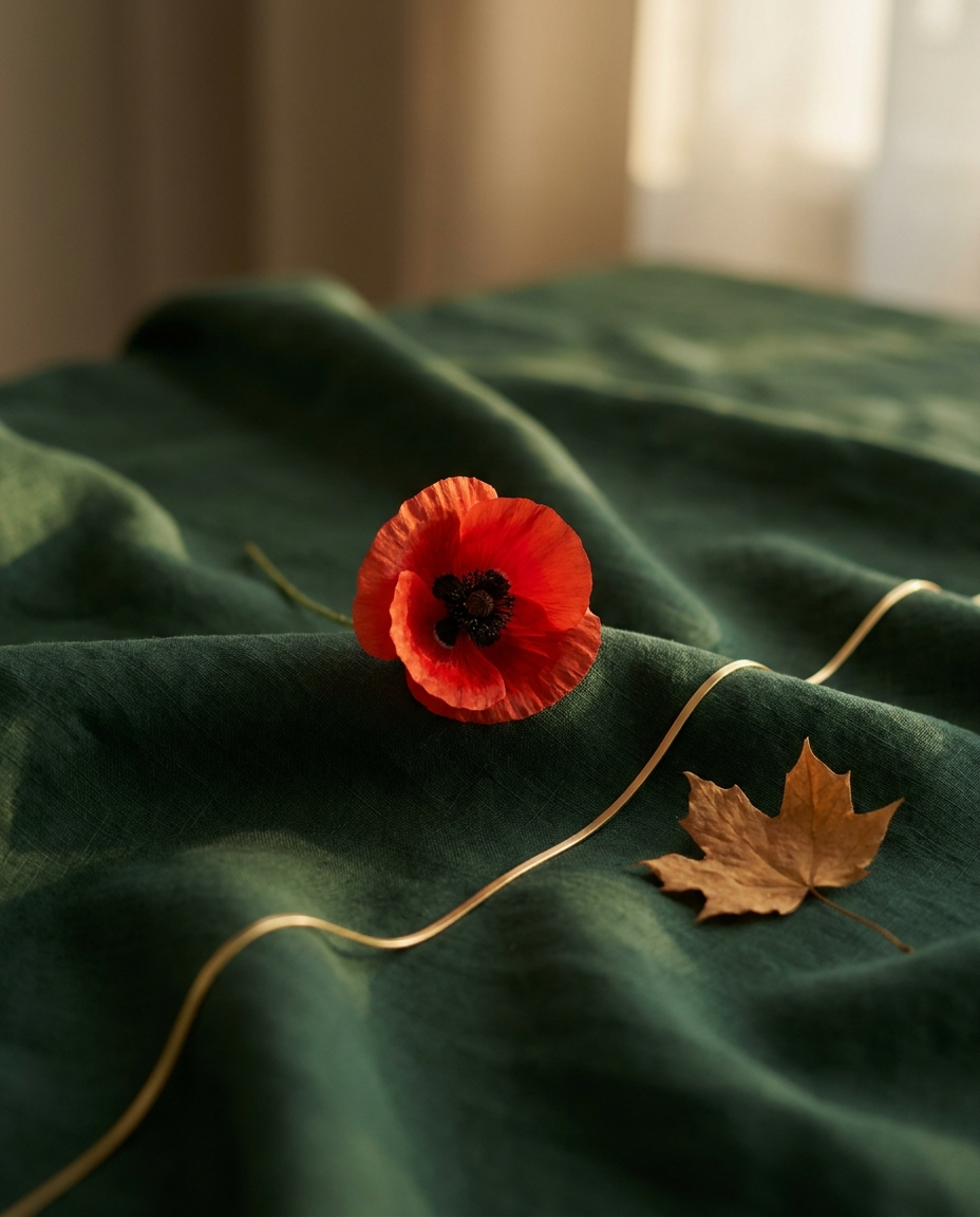Remembrance poppy on forest-green fabric with warm light - Vanquish Medical Veterans